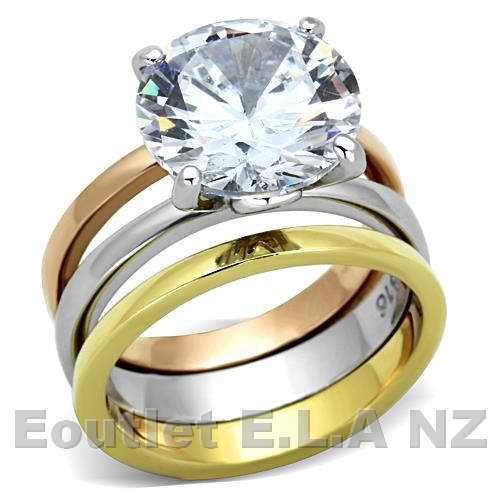 7CT CZ SOLITAIRE STAINLESS STEEL 3-RINGS WEDDING SET-5 sizes